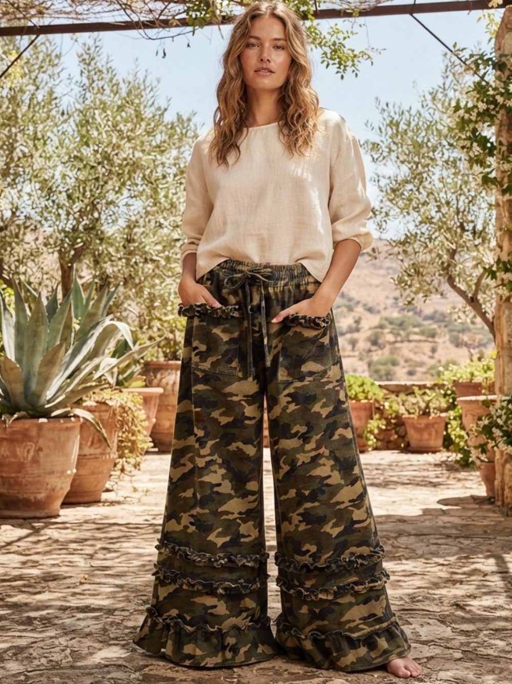 💕Bibi Camo Ruffle Wide-Leg Twill Pants